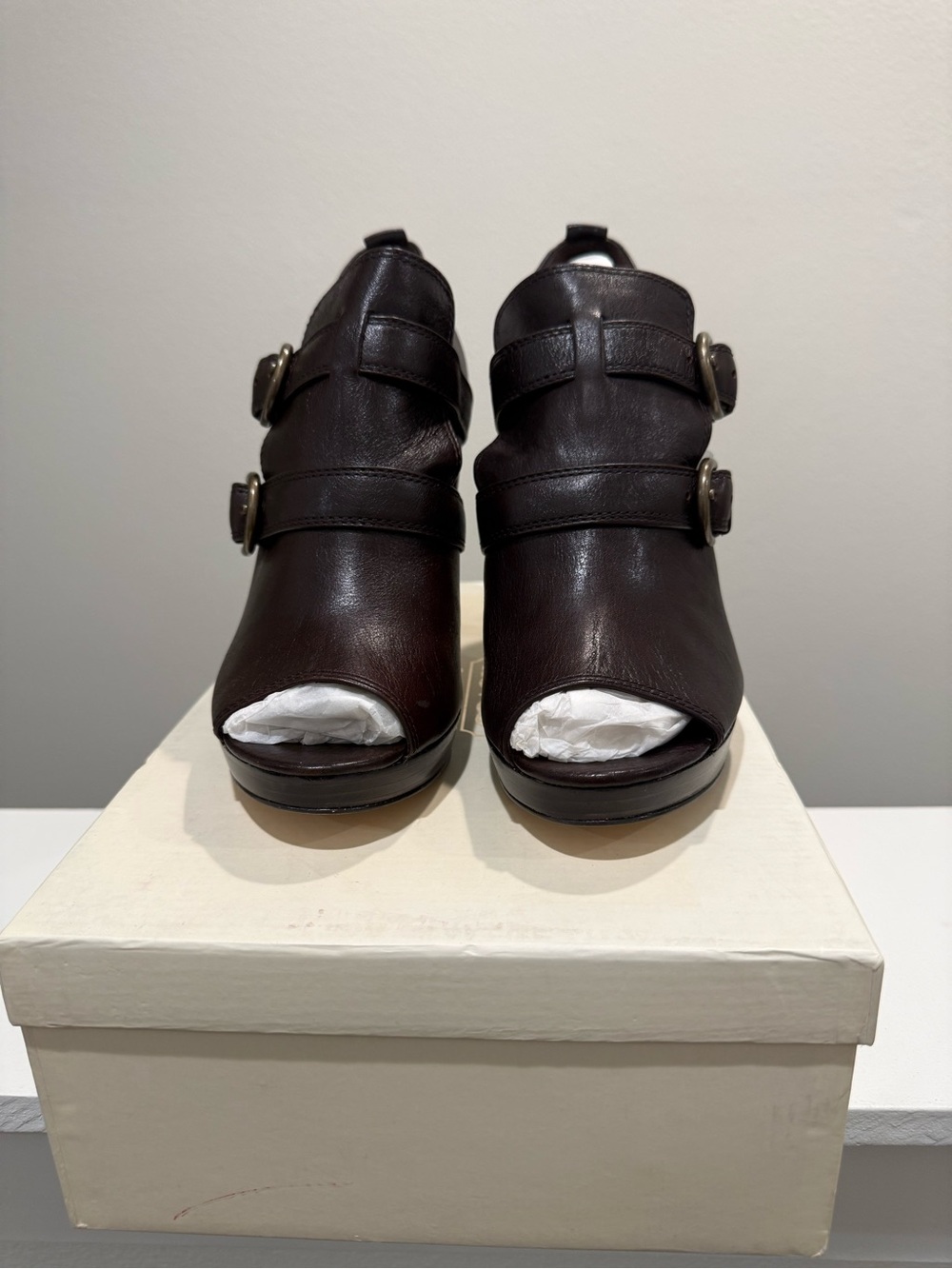 Coach Dark Brown Leather Peep-Toe Heeled Booties with Buckle Straps